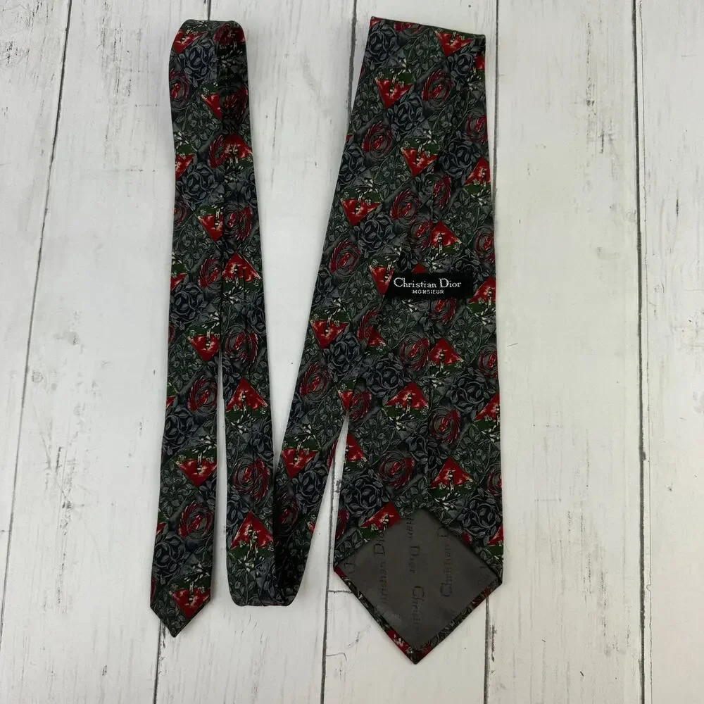 VTG Christian Dior Monsieur Grey/Red Silk Lighthouse & Bird Print Neck Tie Mens